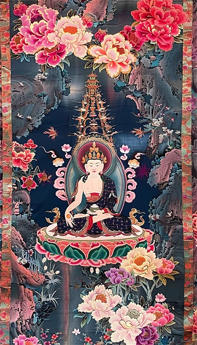 A large painting depicting Buddha seated on a lotus flower, surrounded by vibrant colors and intricate details.