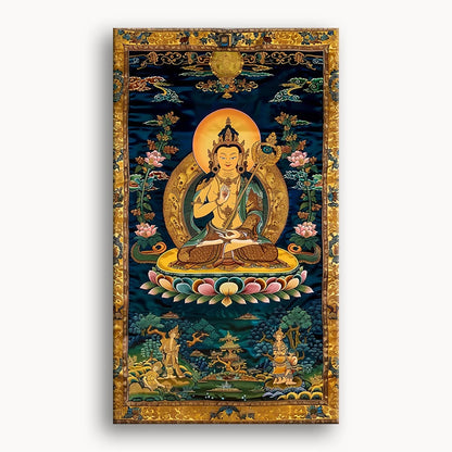Tibetan painting depicting a Buddha seated on a throne, surrounded by intricate designs and vibrant colors.