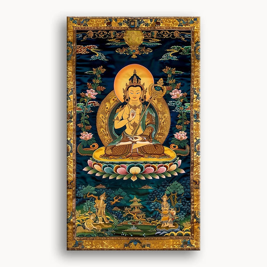 Tibetan painting depicting a Buddha seated on a throne, surrounded by intricate designs and vibrant colors.
