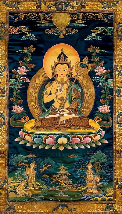 Tibetan painting depicting a Buddha seated on a throne, surrounded by intricate designs and vibrant colors.