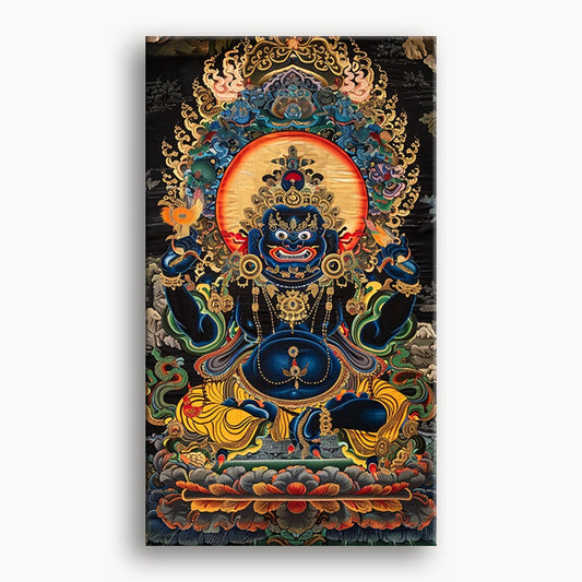 A large painting depicting a Buddha seated on a throne, surrounded by intricate designs and vibrant colors.