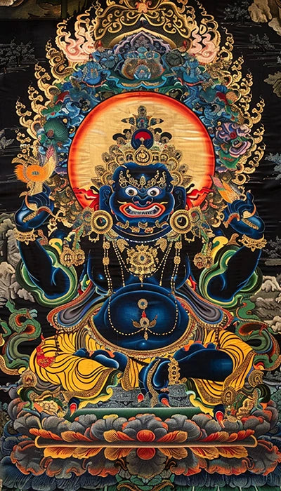 A large painting depicting a Buddha seated on a throne, surrounded by intricate designs and vibrant colors.