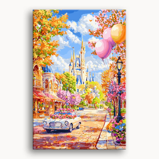 A vibrant artwork depicting a castle with a car on the street in front of it.