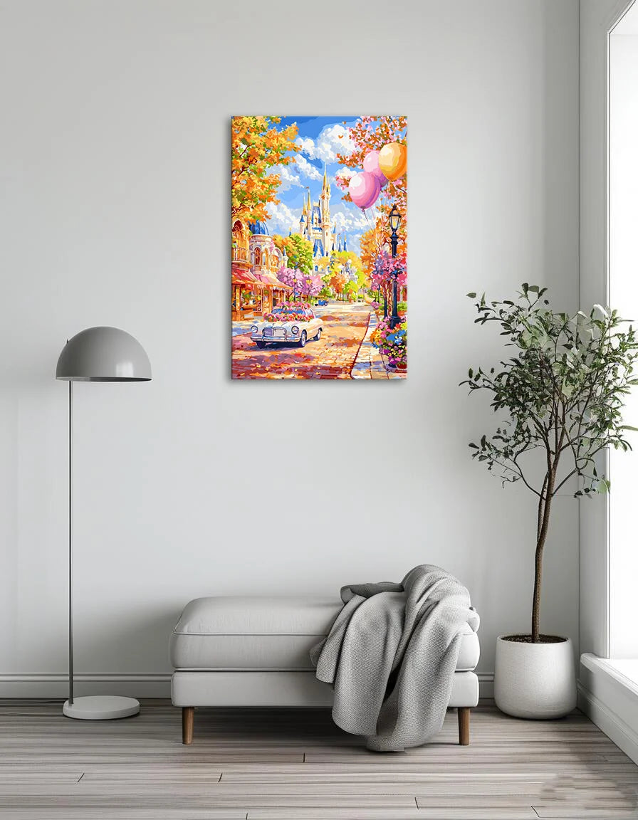 A vibrant artwork depicting a castle with a car on the street in front of it.
