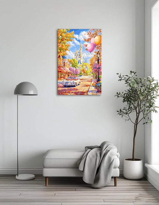 A vibrant artwork depicting a castle with a car on the street in front of it.