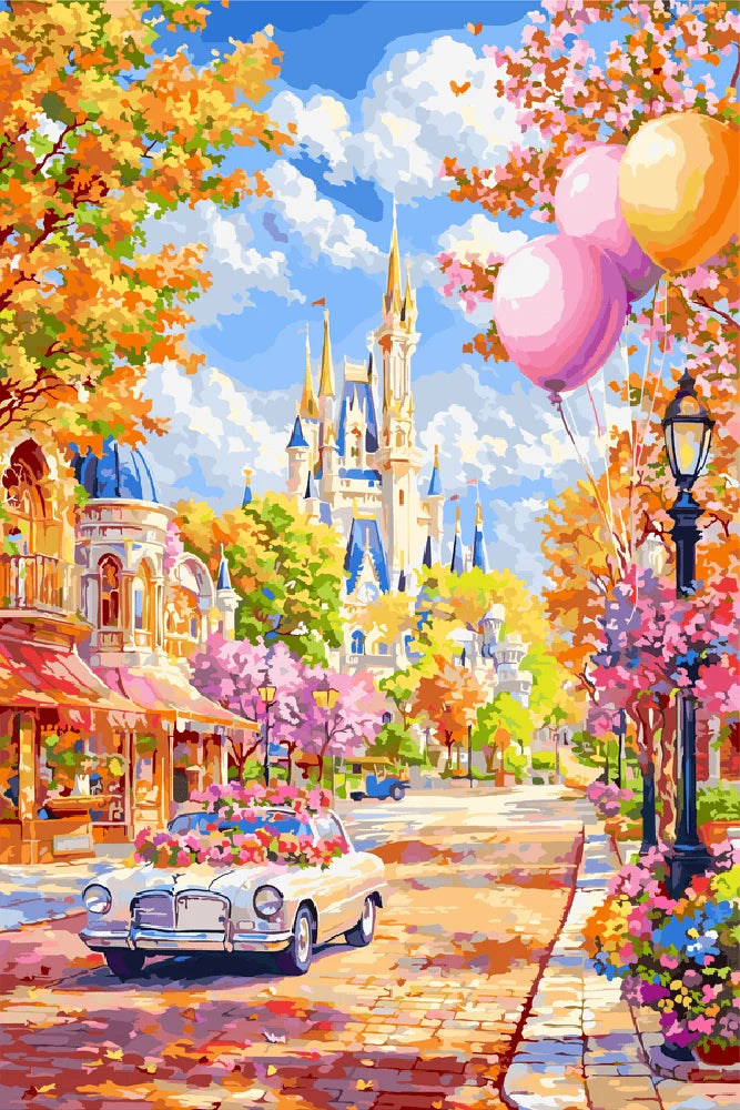 A vibrant artwork depicting a castle with a car on the street in front of it.