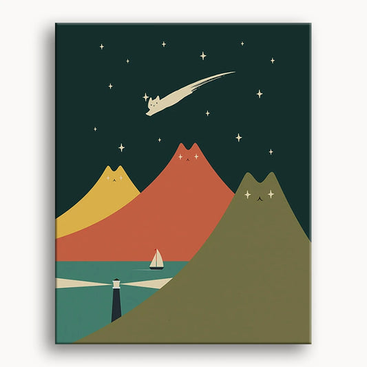 An imaginative poster depicting mountains with a boat soaring through a clear sky, blending nature and fantasy.