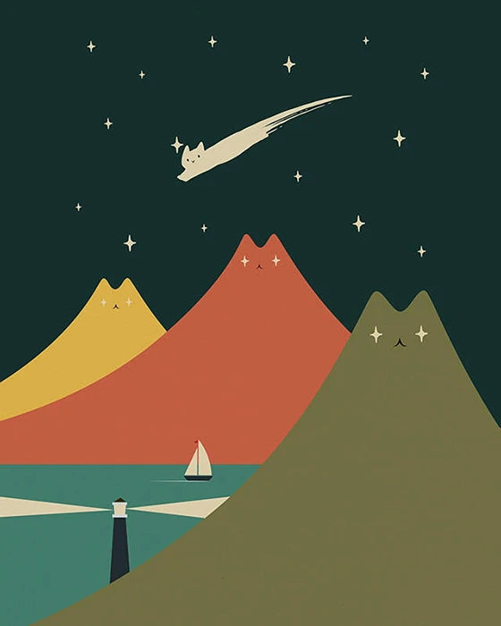 An imaginative poster depicting mountains with a boat soaring through a clear sky, blending nature and fantasy.