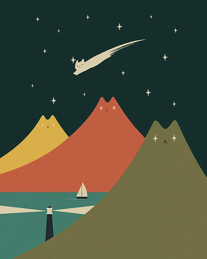 An imaginative poster depicting mountains with a boat soaring through a clear sky, blending nature and fantasy.