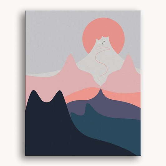 A cat sits atop a mountain, silhouetted against a pink sun setting in the background.