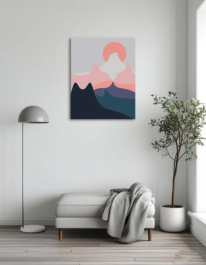 A cat sits atop a mountain, silhouetted against a pink sun setting in the background.