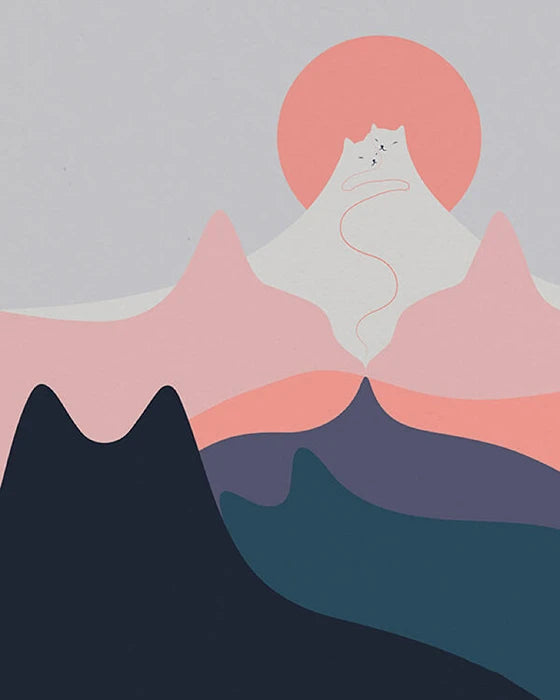 A cat sits atop a mountain, silhouetted against a pink sun setting in the background.