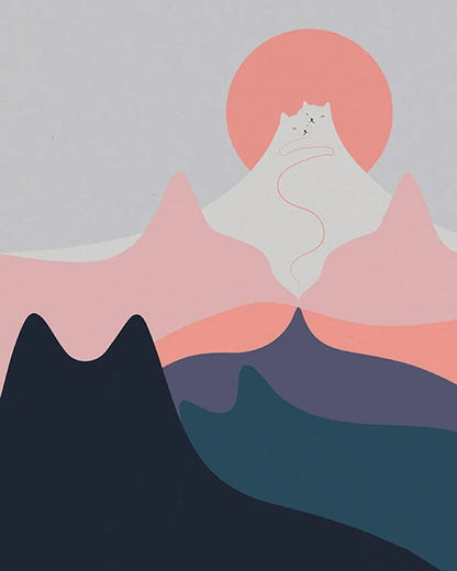 A cat sits atop a mountain, silhouetted against a pink sun setting in the background.