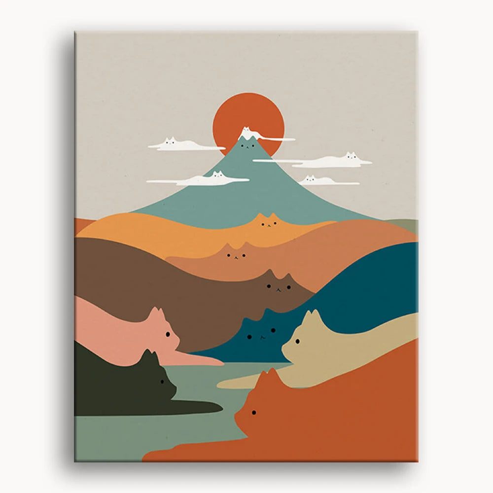 A colorful poster featuring various cats with majestic mountains in the background.