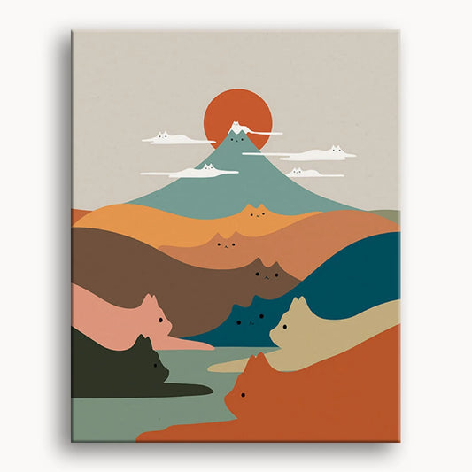 A colorful poster featuring various cats with majestic mountains in the background.