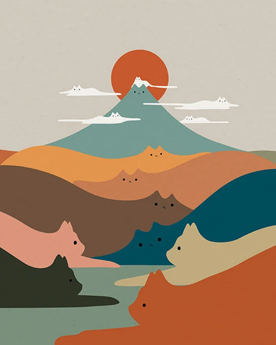 A colorful poster featuring various cats with majestic mountains in the background.