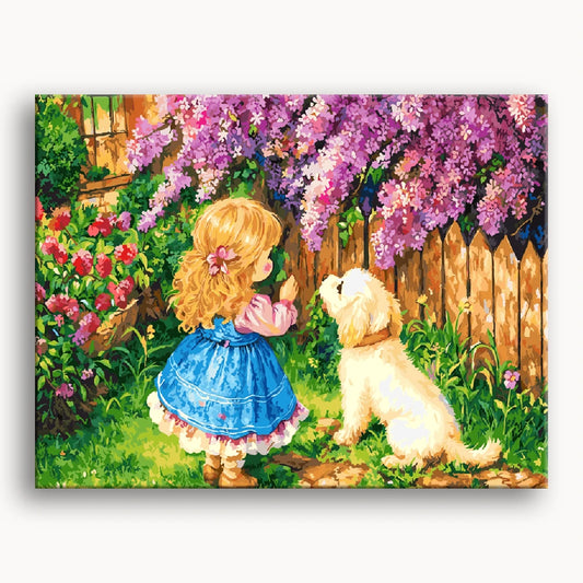 A painting of a little girl and her dog standing by a flower-filled fence, radiating joy and companionship.