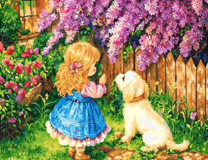 A painting of a little girl and her dog standing by a flower-filled fence, radiating joy and companionship.