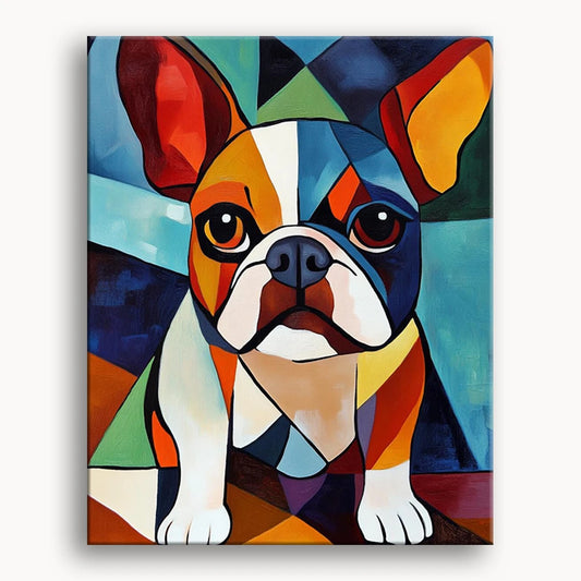 A fine art print of a French bulldog, showcasing its distinctive features and playful expression in vibrant colors.