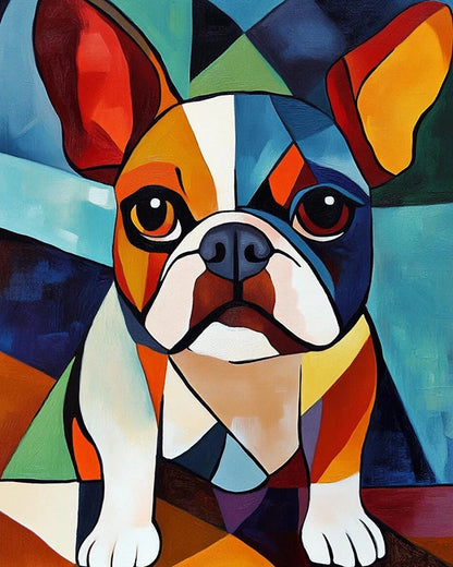 A fine art print of a French bulldog, showcasing its distinctive features and playful expression in vibrant colors.