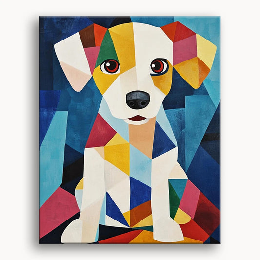 A vibrant painting of a dog surrounded by colorful geometric shapes, showcasing a blend of art and playful design.