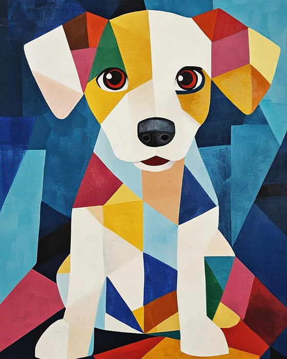 A vibrant painting of a dog surrounded by colorful geometric shapes, showcasing a blend of art and playful design.
