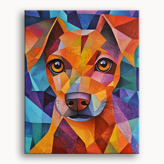 A vibrant painting of a dog surrounded by colorful geometric shapes, showcasing a playful and abstract artistic style.