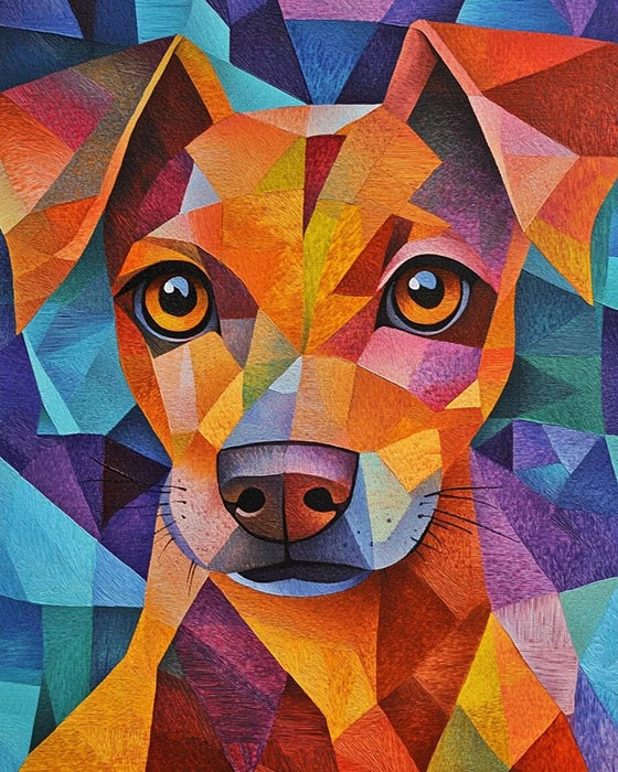 A vibrant painting of a dog surrounded by colorful geometric shapes, showcasing a playful and abstract artistic style.