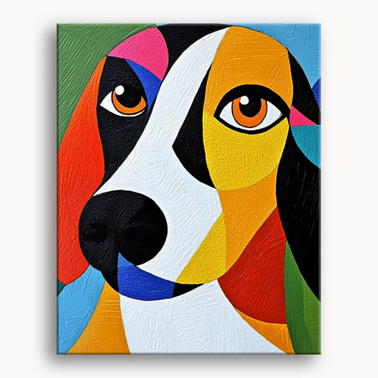 A vibrant painting of a dog featuring strikingly colorful eyes, showcasing artistic flair and attention to detail.