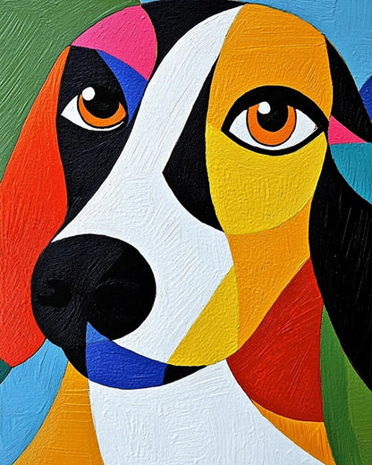 A vibrant painting of a dog featuring strikingly colorful eyes, showcasing artistic flair and attention to detail.
