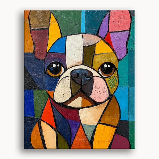 A vibrant painting of a dog composed of colorful squares, showcasing a playful and abstract artistic style.