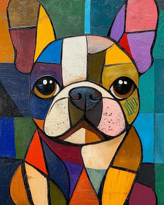 A vibrant painting of a dog composed of colorful squares, showcasing a playful and abstract artistic style.