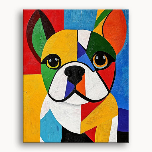 A vibrant painting depicting a playful dog in a variety of bright colors.
