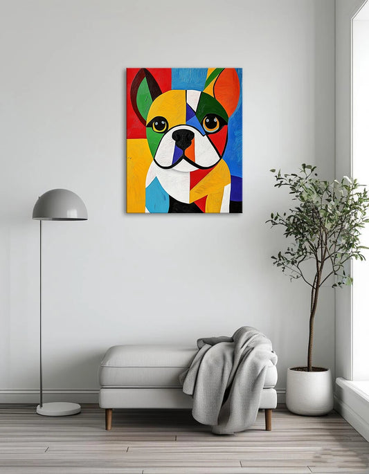 A vibrant painting depicting a playful dog in a variety of bright colors.
