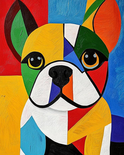 A vibrant painting depicting a playful dog in a variety of bright colors.
