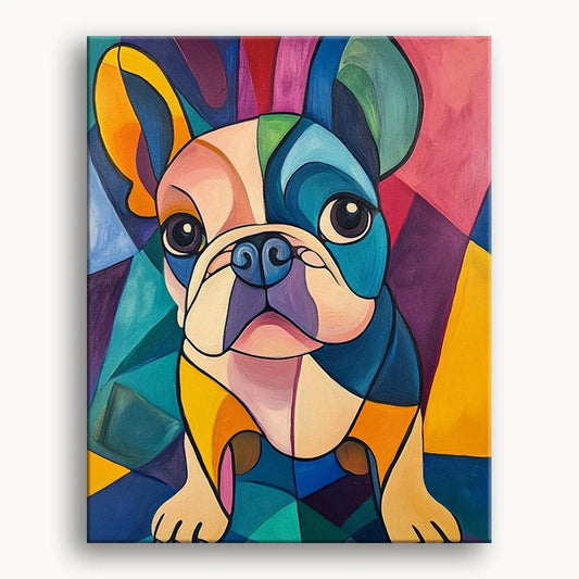 A vibrant painting of a dog featuring a colorful coat and a distinctive blue nose.