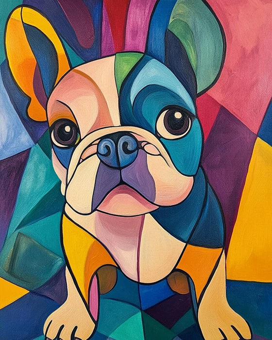 A vibrant painting of a dog featuring a colorful coat and a distinctive blue nose.