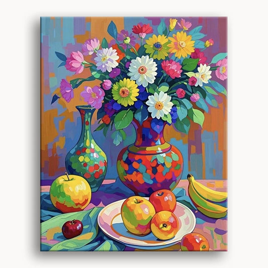 A vibrant painting depicting a vase filled with colorful flowers and assorted fruits, showcasing a lively still life composition.