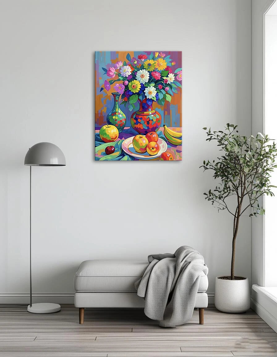 A vibrant painting depicting a vase filled with colorful flowers and assorted fruits, showcasing a lively still life composition.