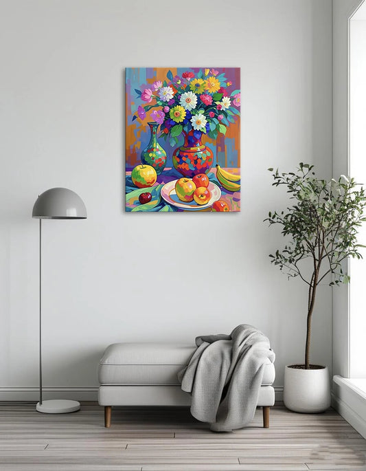 A vibrant painting depicting a vase filled with colorful flowers and assorted fruits, showcasing a lively still life composition.