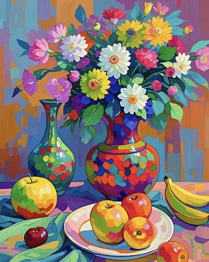 A vibrant painting depicting a vase filled with colorful flowers and assorted fruits, showcasing a lively still life composition.