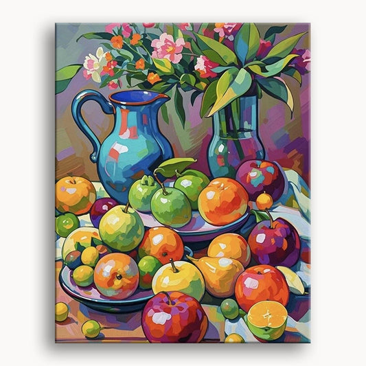 A still life painting featuring vibrant fruit and colorful flowers arranged in a blue vase on a neutral background.