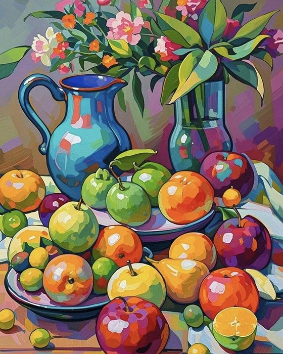 A still life painting featuring vibrant fruit and colorful flowers arranged in a blue vase on a neutral background.