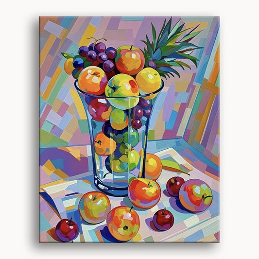 A still life painting featuring various fruits arranged in a clear glass vase on a neutral background.