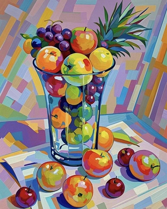 A still life painting featuring various fruits arranged in a clear glass vase on a neutral background.