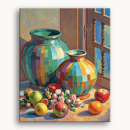 A vibrant painting featuring two decorative vases and an assortment of colorful fruit arranged artistically.
