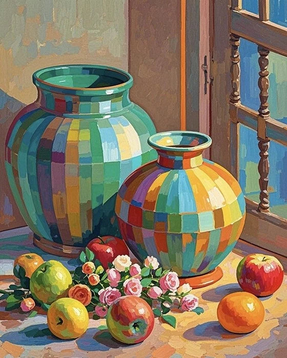A vibrant painting featuring two decorative vases and an assortment of colorful fruit arranged artistically.