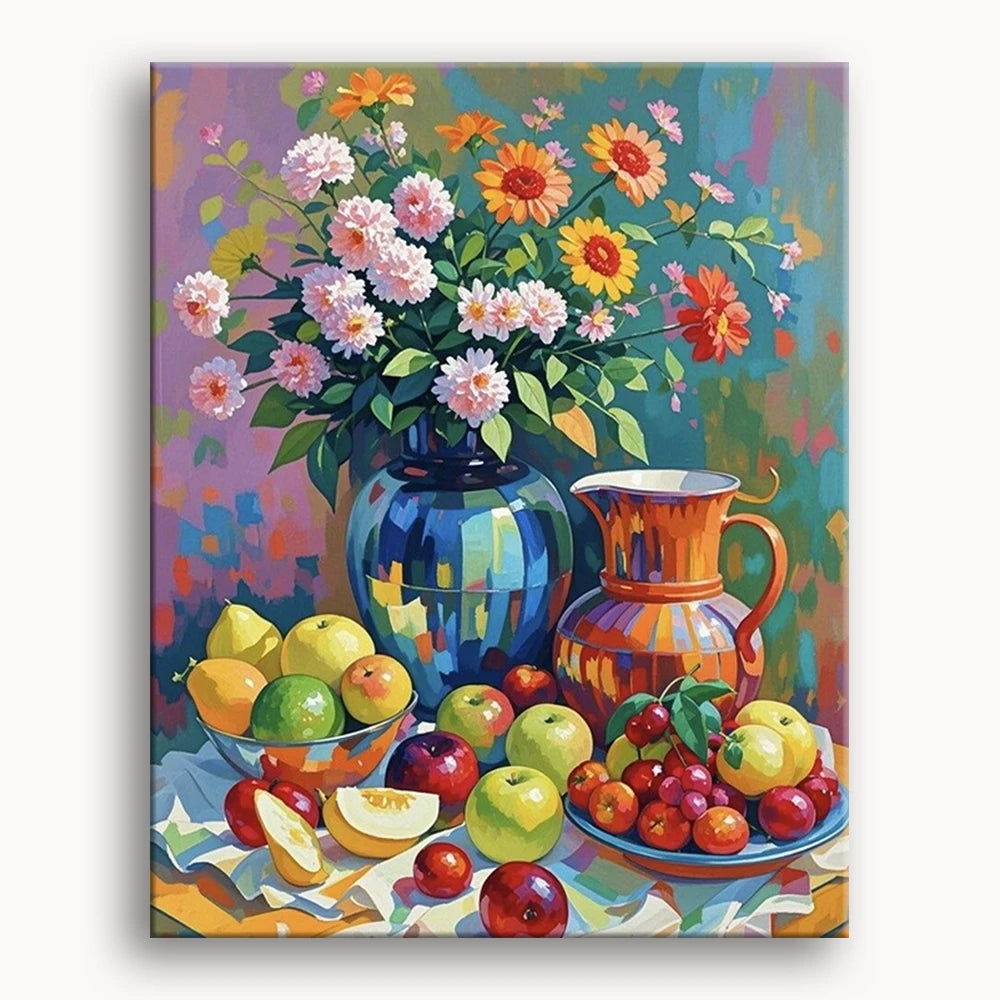 A still life painting featuring a vase filled with colorful fruit and vibrant flowers.