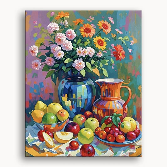 A still life painting featuring a vase filled with colorful fruit and vibrant flowers.
