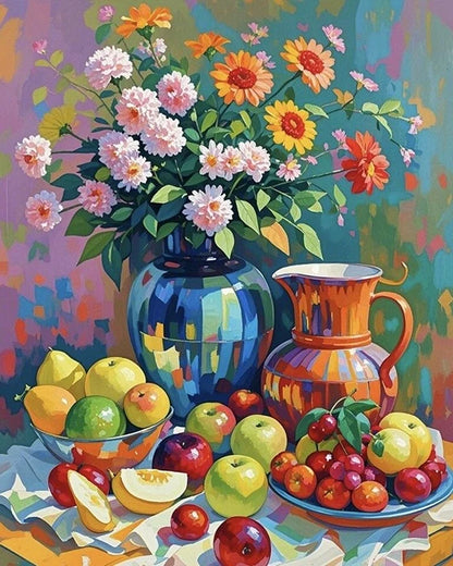 A still life painting featuring a vase filled with colorful fruit and vibrant flowers.